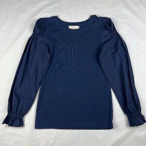NEW LOFT Navy Mixed Media Knit Blouse with Cotton Puff Sleeves Size S